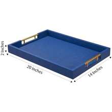 14x20 Inches Blue Faux Leather Wrapped Wood Serving Tray With Metal Handles For Various Occasions, Ottoman, Home Decor Decorative, Living Room, Coffee Table Organizer, Serving Breakfast On Bed - / - 查看 2