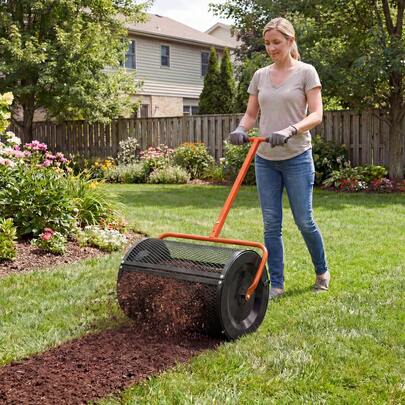  COSTWAY Compost Spreader, Peat Moss Spreader Roller W/ Height-Adjustable T-Shape Handle, Heavy-Duty Metal Mesh Basket For Seeding Planting, Manure Soil Spreader  For Garden Lawn, Black/Green/Orange