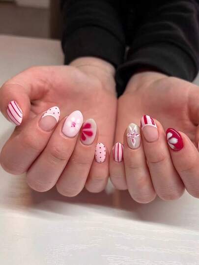 24 Pieces Oval-Shaped Pressing Nails, Summer Red-Pink-White Color Scheme, Cherry Blossom Flowers, Polka Dots, Stripes Design, Sweet And Romantic Style, Nail Art, Comfortable False Nails Suitable For Daily Wear, Suitable For Women For Daily Commuting, Dating, And Girl's Gatherings. The Pink Color Scheme Is Very Suitable For Spring And Summer Seasons.