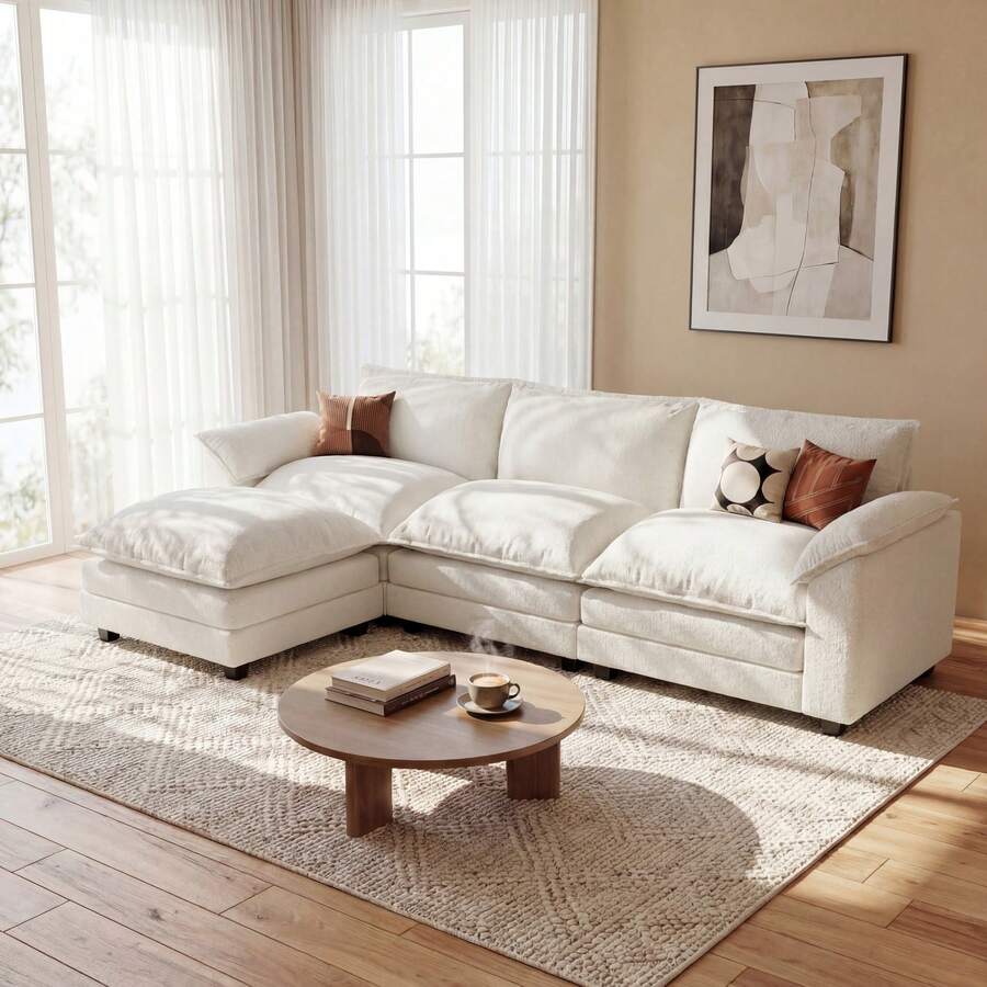 Convertible Modular Sectional Sofa,L Shaped Couch For Living Room,Chenille Cloud Couch,3 Seater Comfy Sectional Couch With Movable Ottoman And Deep Seat - 白色 - 查看 1