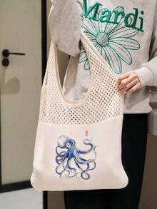 Túi xách nữ, túi đi biển lưới rỗng đan len dung tích lớn kiểu dáng nghỉ hè, họa tiết bạch tuộc dễ thương, món quà tuyệt vời cho lễ Phục Sinh và Ngày của Mẹ dành cho phái nữ. - trắng - Xem 7