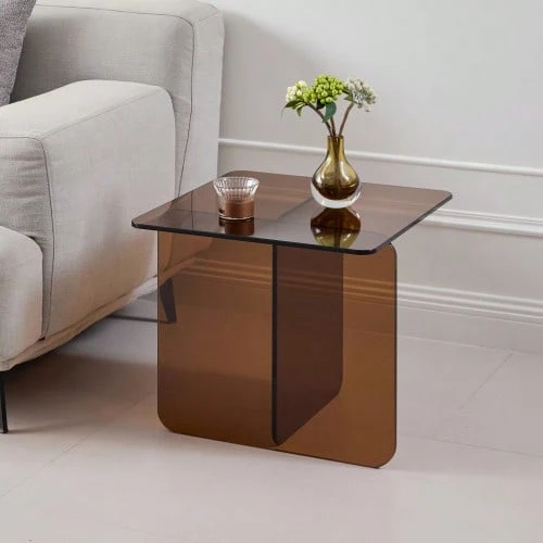 Tempered Brown Bent Glass SideTable, Transparent End Table, Sofa Table - Brown - View 1
