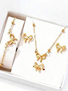 Bộ trang sức nơ bướm 5 món, gồm dây chuyền, vòng tay, nhẫn và bông tai, kiểu dáng tối giản tinh tế và thời trang, phù hợp cho các bé gái đeo hàng ngày hoặc làm quà tặng. - Vàng - Xem 2