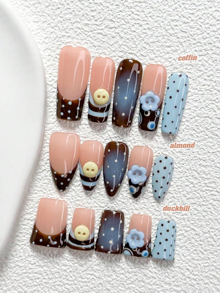 10Pcs Retro Sweet Style Handmade Nail Art Set,Unghie Press On,Buttons,Stripes, Dots,Dark Brown And Blue Nail Polish,Includes Nail Tools,3 Sizes Available,Almond Nails , Duck Nails,Coffin Nails For Party, Dance, Daily Wear. - 彩色 - 查看 1