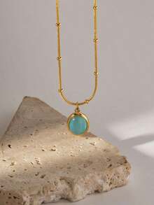 1pc Minimalist Stainless Steel Bohemian Turquoise Oval Pendant Necklace, Suitable For Daily Wear - 黃金 - 查看 1