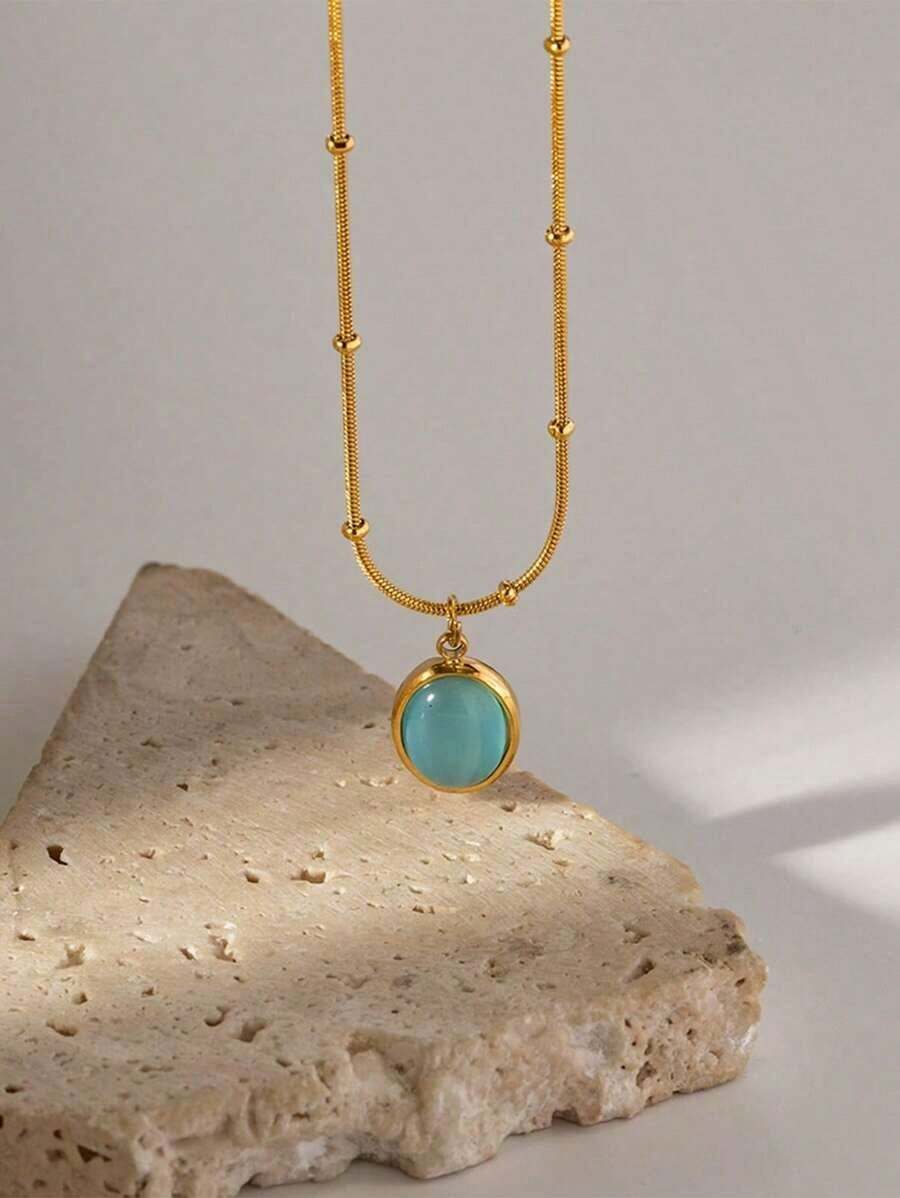 1pc Minimalist Stainless Steel Bohemian Turquoise Oval Pendant Necklace, Suitable For Daily Wear - 黃金 - 查看 1