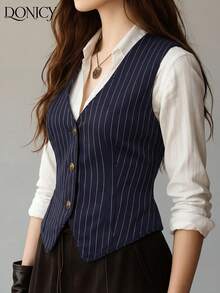 Áo vest nữ kẻ sọc xanh navy mùa xuân hè mới về - Kiểu dáng lãng mạn cho ngày Valentine và lễ hội Carnival - Áo vest cổ chữ V cài nút thanh lịch, thích hợp cho công sở, bữa tối Valentine và tiệc Carnival. - Xanh đậm - Xem 3