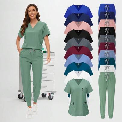 Drawstring Nurse Uniform Scrub Set - Enjelwang Stretchy Wrinkle-Resistant Medical Scrubs, Professional Fit Hospital/Clinic Use
