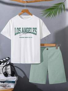 Conjunto de top de manga corta con estampado de letras y pantalones cortos para niños pequeños - Blanco - Ver 1