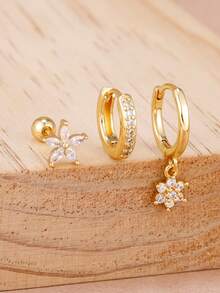 3PCS Classic Pendant Flower Petal Hoop Earrings Set 18K Gold Plated Stainless Steel Zirconia Earring Piercing Jewelry Gift - 1-gold-3pcs - View 3