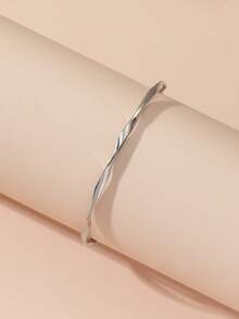 1件时尚简约弧形设计合金电镀金属手链，可调节编织手链，适合美丽女性日常佩戴 - 銀色 - 查看 2