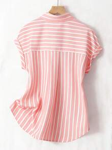Summer Fashion Striped Single-Breasted Drop Shoulder Short Sleeve Shirt, Polyester Contrast Color Front Button Closure, Short Front Long Back - Foundation White Stripe - View 2