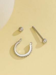 Pendiente de oreja con línea geométrica de un solo diamante, accesorio de joyería minimalista, elegante y de moda, adecuado para uso diario, fiestas y citas - Plateado - Ver 6