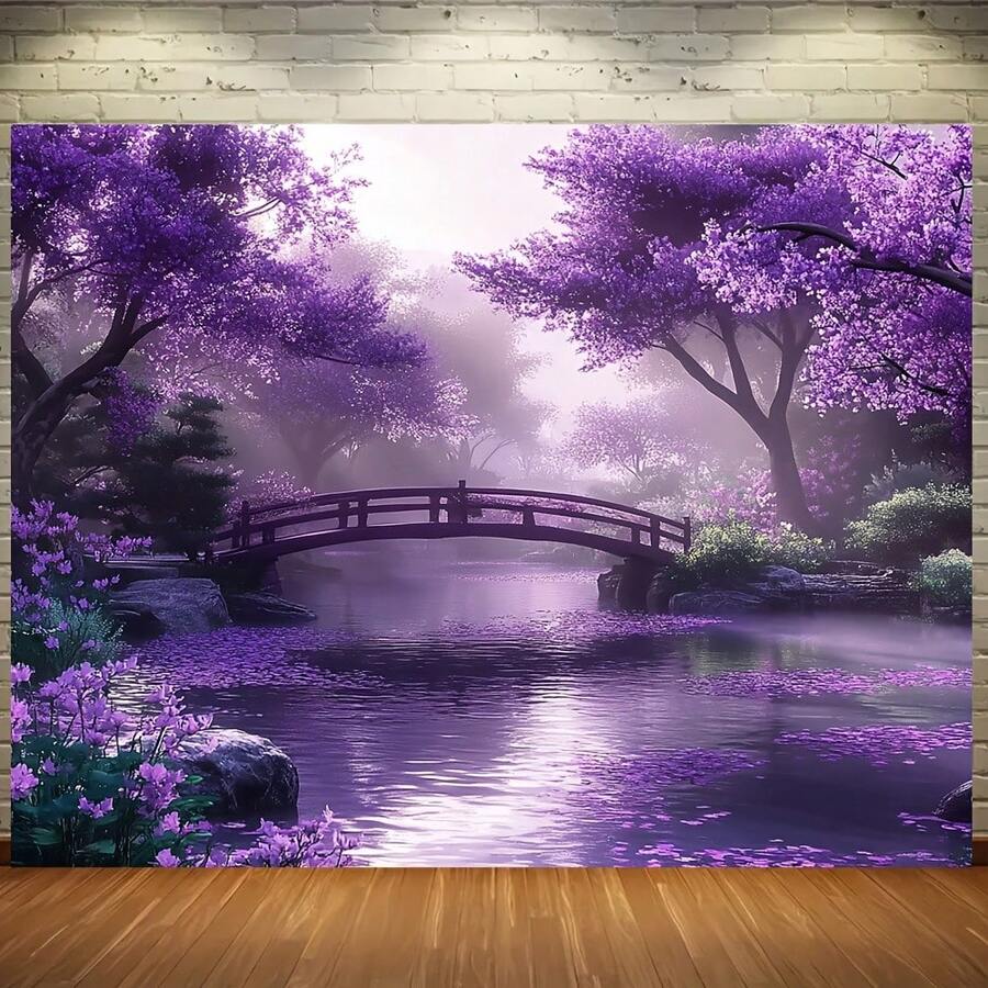 1pc Spring Garden Landscape Polyester Backdrop, Blooming Purple Flowers, Versatile Indoor & Outdoor Decor, No Power Needed, Ideal For Entryway & Room Decoration, Outdoor Garden Decor - Nhiều màu - Xem 1