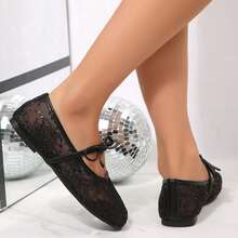 Lace Mesh Mary Jane Flats For Women Square Toe Breathable Bowknot Ballet Casual Summer Party Shoes Sandals - 黑色 - 查看 5