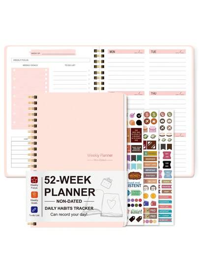 A5 Weekly Planner With Stickers, 52 Weeks Spiral Weekly Daily Notebooks With Habit Tracker, To Do List & Sticker Set For Productivity & Organization, School Office Supplies Teacher Appreciation Gift Mother's Day