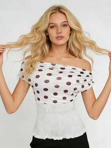 Women's Y2K Aesthetic Off Shoulder Tops Summer Mesh Dot Print Shirred Tops Slim Fit Shirts Streetwear - 白色 - 查看 3