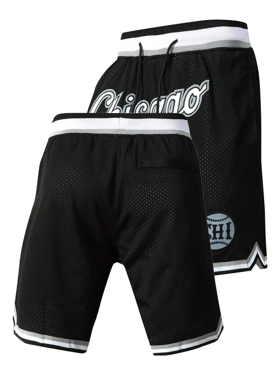 Atonmore Men's Black Retro Mesh Embroidered Zipper Pocket Casual Basketball Shorts Sports Fall - Black - View 1