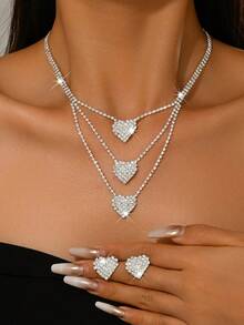 1 dây chuyền choker hình trái tim nhiều lớp + 1 đôi bông tai, bộ trang sức cưới pha lê thanh lịch, chất liệu đồng, phù hợp với váy dạ hội, váy phù dâu, quà tặng Ngày của Mẹ và quà kỷ niệm. - Bạc - Xem 6