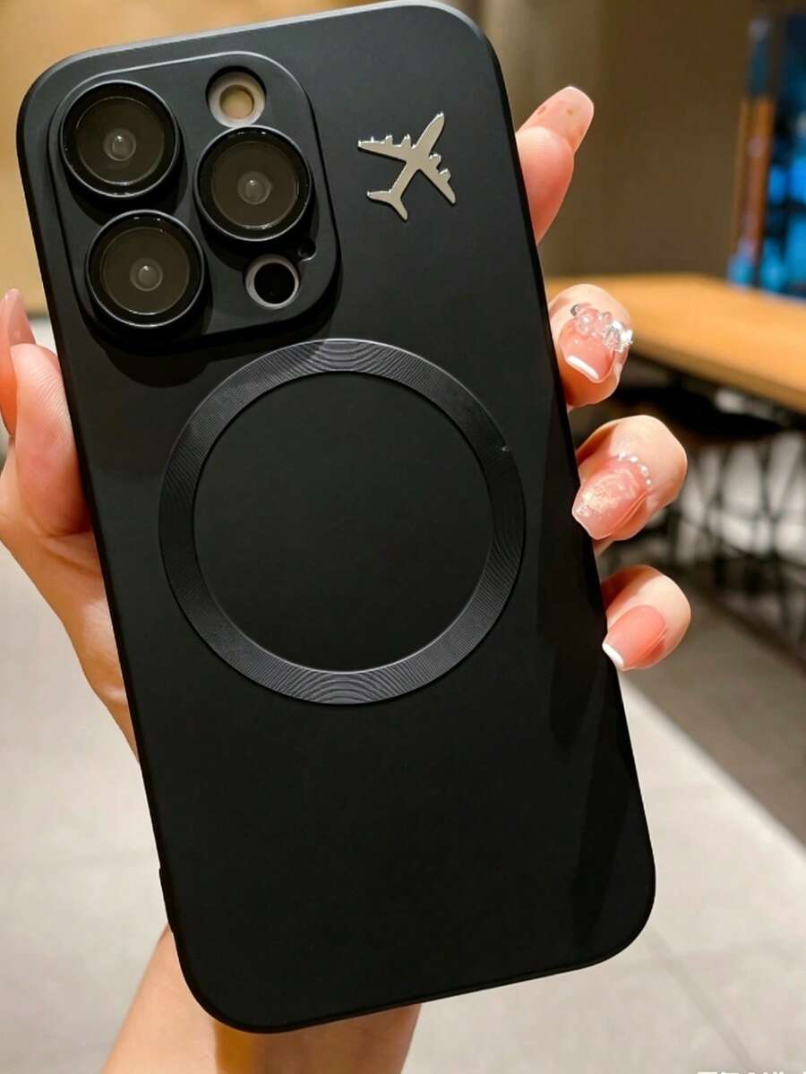 Simple Liquid Matte Magnetic Metal Airplane Logo New Anti-Drop Phone Case Protective Cover Suitable For IPhone11/12/13/14/15/16PROAMX - Black - View 1