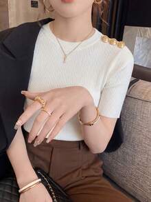 Elegant Women's Metal Buckle Shoulder Short Sleeve Knit Top, Summer Fitted Design Top White - White - View 3