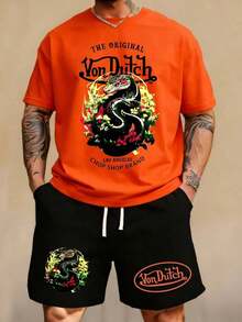 Handmade With Love Mens Creative VON-DUTCHS T Shirt And Shorts Set American Vintage Full Print Street Wear Essential Graphic T Shirt And Shorts Set With Dragon And Logo Print For Casual Outfits Summer Outfits For Women Vacation Outfits Women Summer Clothes Summer - 橘色 - 查看 2