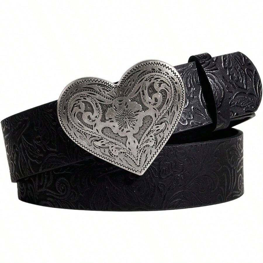 Women's Retro Vintage Metal Belt Faux Leather Western Cowgirl Waist Belts - 西裝腰圍尺寸:33.5-37.4 + 黑色愛心 - 查看 1