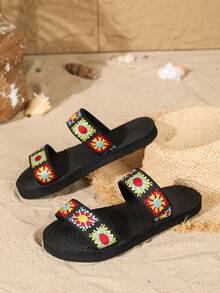 Women's Flat Sandals, National Style Imitation Linen Rope Travel Straw Bottom Sandals, Korean Fashion Floral Slippers, Beach Flat Women Slippers,Spring Summer Outfits - Black - View 16
