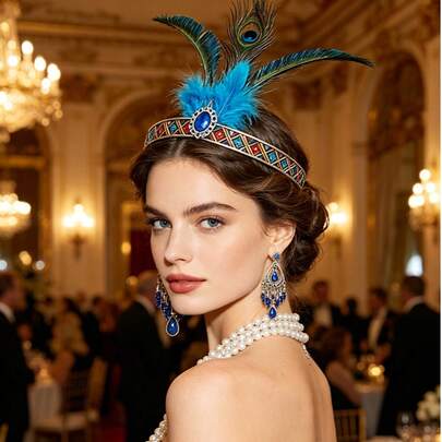 Bộ băng đô cài tóc lông công phong cách Bohemian - Phụ kiện tóc thời trang với những chiếc lông công rực rỡ và chi tiết đính hạt, phù hợp cho các buổi biểu diễn, tiệc tùng, trang phục cổ điển và phong cách lễ hội.