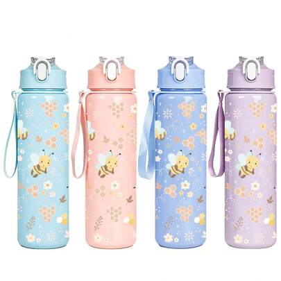 1个750毫升/26盎司3D打印蜜蜂图案运动水壶，可爱蜜蜂设计，4种颜色可选，带提手方便携带，小巧轻便，适合户外、旅行、露营、学校、办公室等场合，是圣诞节或生日的绝佳礼物。