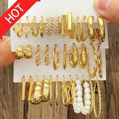 6-Piece Set Of Metal Hoop Earrings, Square Geometric Earrings, Vintage Pearl Earrings, Hepburn-Style Earring Set, Versatile Everyday Wear Or As A Holidays Or Birthdays