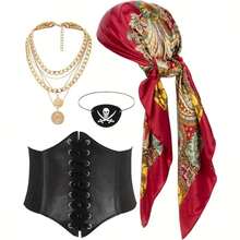 4 Sets Of Fashionable Empire Pirate Accessories, Including Pirate Headscarf, Pirate Belt, Female Pirate Necklace, Pirate Hatband, Pirate Corset Belt, Eye Mask. These Are Suitable For Cosplay Parties, Pirate Costume Parties, Summer Beach Party Outfits, Event And Party Supplies, And Are All Pirate Accessory Sets. - Multicolor - View 6