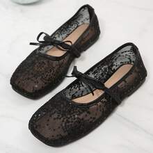 Lace Mesh Mary Jane Flats For Women Square Toe Breathable Bowknot Ballet Casual Summer Party Shoes Sandals - 黑色 - 查看 4