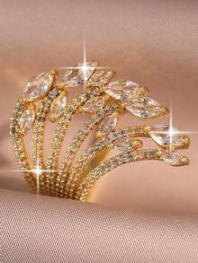 1pc Luxury Wing Cubic Zirconia Wedding Rings, Statement Multilayer Streamlined Ring For Dinner Party, Banquet, Red Carpet Look, Anniversary Jewelry Gift - Yellow Gold - View 9