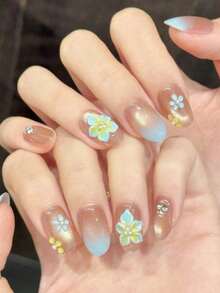 Short Oval False Nails With Gradient Blue Floral Embossed Design 10 Pieces For Spring Summer - Multicolor - View 2