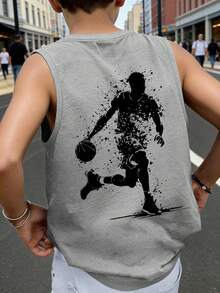 Street Sports Teen Boys Sleeveless Tank Top, Splatter Basketball Silhouette Back Print Soft Summer Training Top - Grey - View 1
