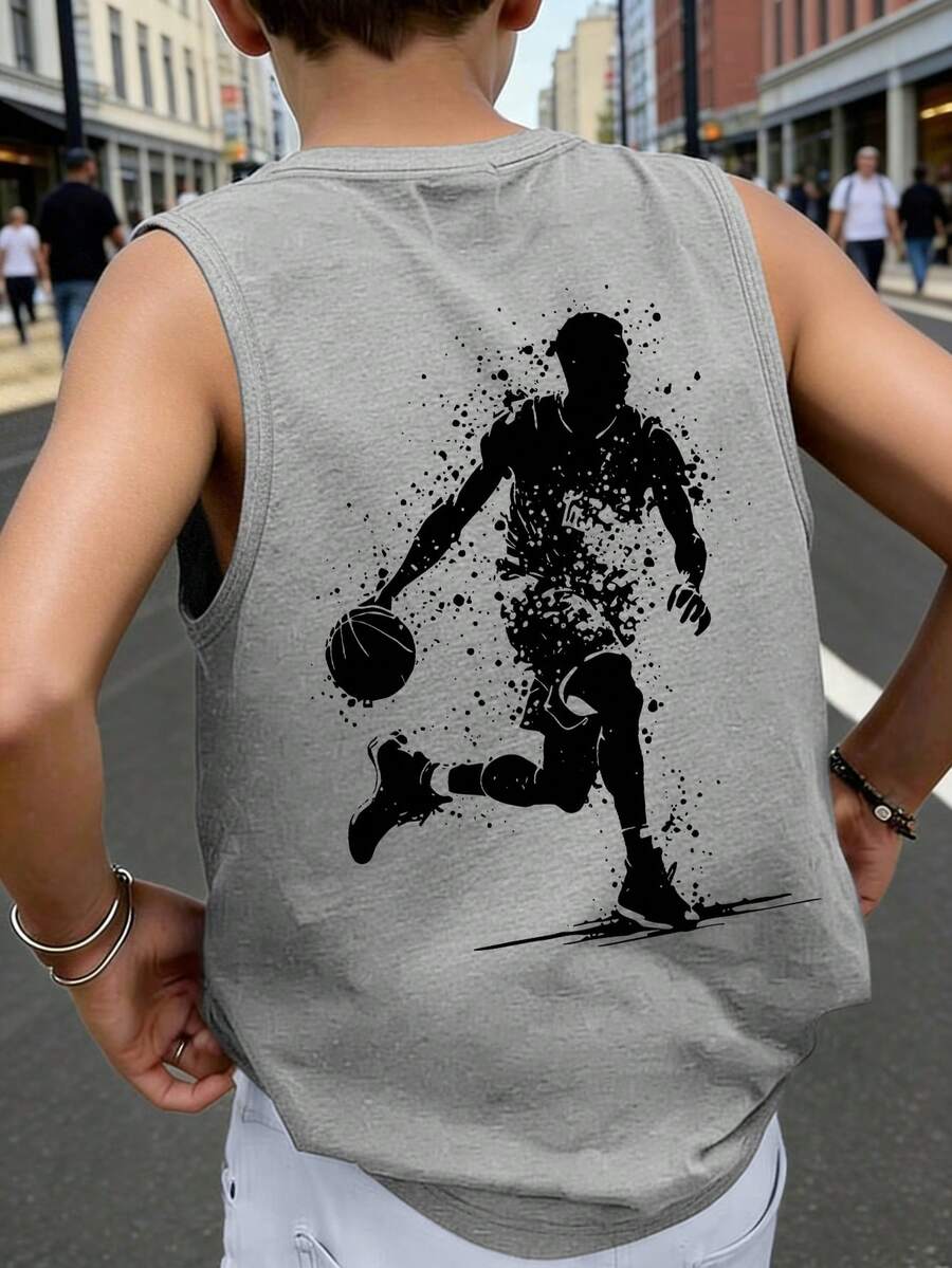 Street Sports Teen Boys Sleeveless Tank Top, Splatter Basketball Silhouette Back Print Soft Summer Training Top - Grey - View 1
