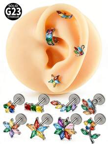1PC G23 Titanium Flower Rainbow Zirconia Lip Ring Ear Carlip Tragus Internally Threaded Helix Lobe Earrings Daith Piercing Jewelry - Màu titan - Xem 12