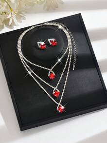 Bộ 1 dây chuyền và bông tai pha lê hình vuông cắt kiểu Emerald, dây chuyền choker mặt dây chuyền pha lê xanh lấp lánh 3 lớp, trang sức dây đồng kiểu càng cua dành cho nữ, quà tặng dự tiệc cưới. - Đỏ - Xem 2