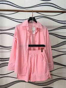 Linen Shirt And Shorts Set (2 Pieces), Lined With Elastic. - merah muda terang - View 1