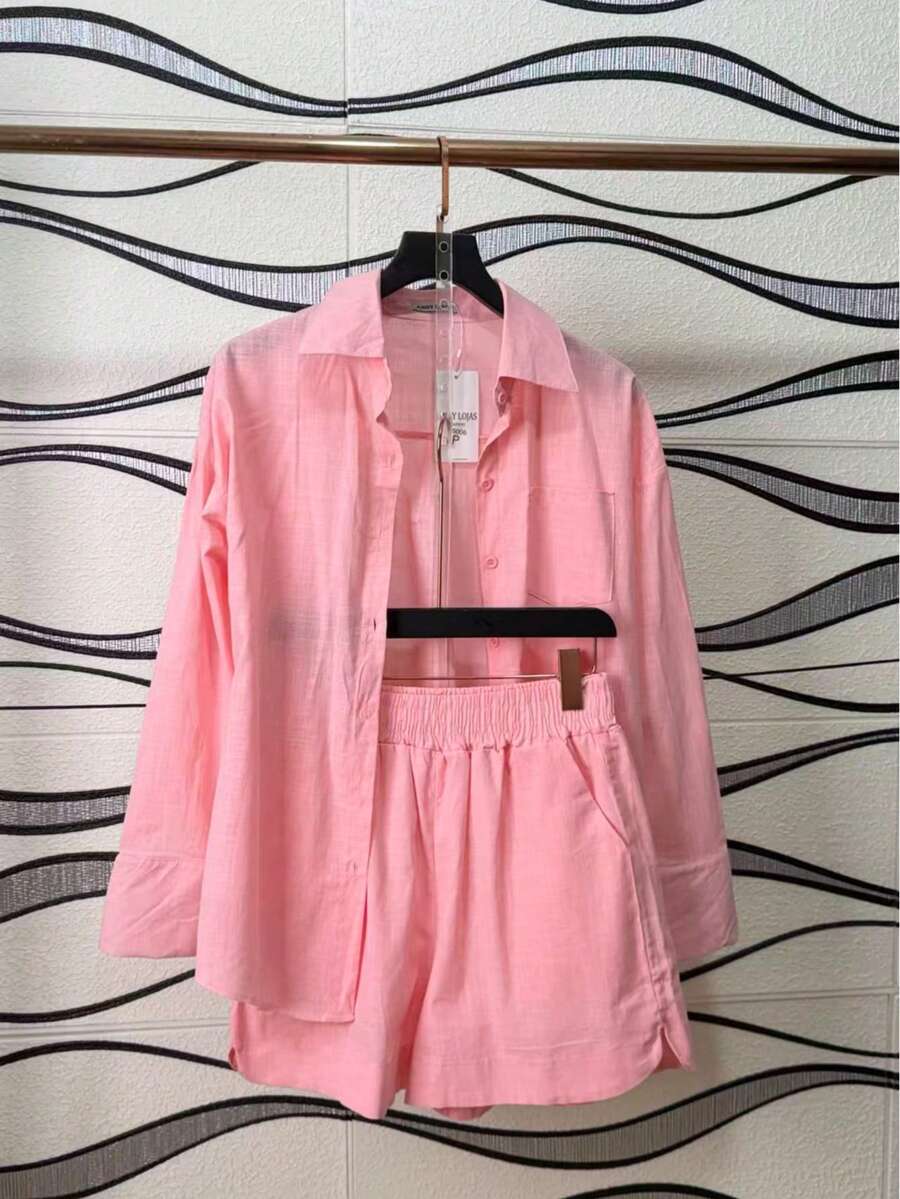 Linen Shirt And Shorts Set (2 Pieces), Lined With Elastic. - merah muda terang - View 1