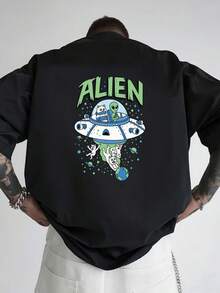 T-shirt tendance pour homme avec imprimé double face Alien Cat, idéal pour les loisirs à la maison et le fitness en plein air, un t-shirt en coton indispensable avec des motifs à l'avant et à l'arrière. - Noir - Voir 2