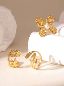 3pcs Set Luxury Stainless Steel Delicate Flower & Heart Open Ring For Women - Multicolor - View 3