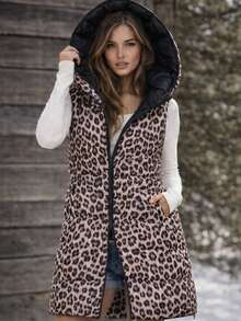 Women's Reversible 2-In-1 Vest, Detachable Hood, Two-Way Zip, Synthetic Down, Snap Pockets, Mid-Thigh, Spring Autumn - Black - View 3