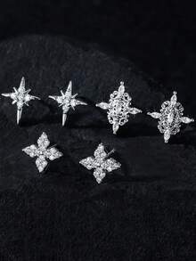 一对（2颗）水钻盾形耳钉，精致立方氧化锆星形，圆形闪亮立方氧化锆耳钉，男女皆宜的珠宝配饰，适合日常佩戴和旅行，圣诞礼物，圣诞装饰品 - 銀色 - 查看 5