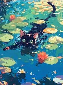 一幅描绘猫和其他动物在游泳池中的数字绘画作品，手绘DIY绘画，现代家居艺术，钻石画。 - 圓鑽 - 查看 1