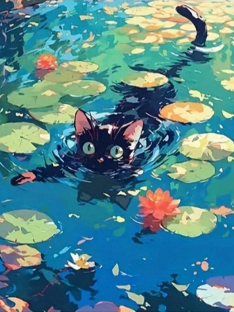 一幅描绘猫和其他动物在游泳池中的数字绘画作品,手绘DIY绘画,现代家居艺术,钻石画。 - 圓鑽 - 查看 1
