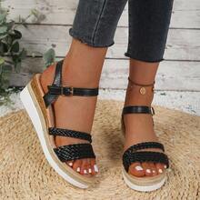 Aijiangluo Giày sandal nữ màu đen thời trang mới, nhẹ, đa năng, đính đá lấp lánh, hở mũi, đế dày, kiểu dáng nghỉ hè, quai bện, thích hợp cho hẹn hò, mua sắm, đi làm, dự tiệc, đi biển. - màu đen - Xem 2