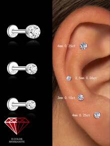 1Pc -2/3/4mm Moissanite 925 Sterling Silver Earrings For Women Classic Stud Earring Helix Cartilage Flat Back For Daily Wear Wedding Fine Jewelry - Silver - View 1