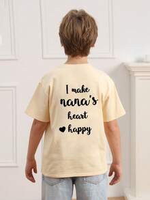 男童休闲印花圆领短袖T恤，夏季上衣 - 杏色 - 查看 2